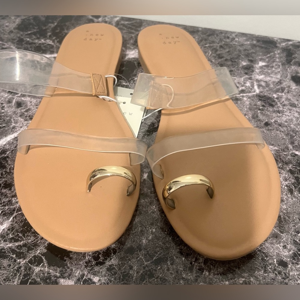 A New Day Women’s Metal Toe Loop Double Band Slide Sandals Tan Honey 8.5